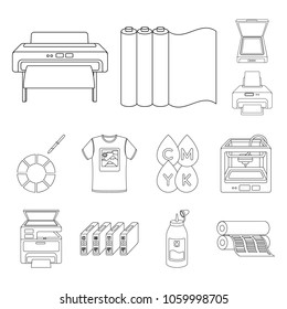 Typographical products outline icons in set collection for design. Printing and equipment vector symbol stock web illustration.
