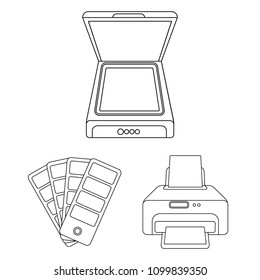 Typographical products outline icons in set collection for design. Printing and equipment vector symbol stock web illustration.