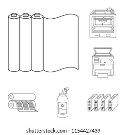 Typographical products outline icons in set collection for design. Printing and equipment vector symbol stock web illustration.