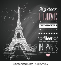 Typographical Retro Style Poster With Paris Symbols And Landmarks On Blackboard With Chalk 