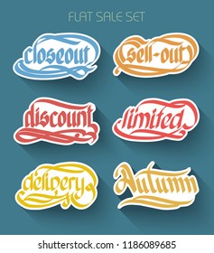 Typographical sale announcement inscriptions set with calligraphic handwritten colorful stickers in flat style isolated vector illustration