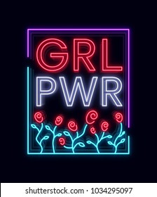 Typographical slogan with roses vector for printing on a T-shirt. Neon sign Symbol, illustration on the theme of feminism. Retro style neon typography. Fashion slogan. Vector illustration