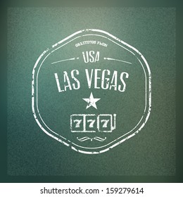 Typographical Touristic Greeting card on blurry background "Greetings from Las Vegas, USA", Vector design. Badge without grunge effect included in hidden layer. 