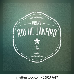 Typographical Touristic Greeting card on blurry background "Greetings from Rio de Janeiro, Brazil", Vector design. Badge without grunge effect included in hidden layer. 