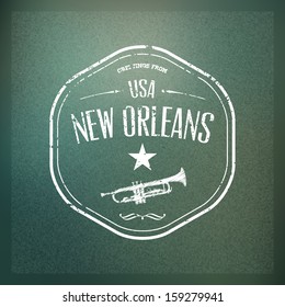 Typographical Touristic Greeting card on blurry background "Greetings from New Orleans, USA", Vector design. Badge without grunge effect included in hidden layer. 