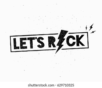 Типографские старинные плакаты Let's Rock. Стилизованные слова с молниями. Шаблон для обложки, наклейка, баннер, этикетка, флаер, одежда, печать, тег, эмблема, знак или другие произведения искусства