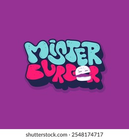 Typography in 3d design of mister burger with flat burger on e letter for burger street food campaign. Burger fast food advertising design