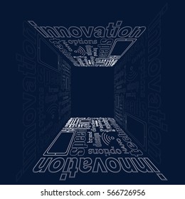 Typography about gadgets, technologies, innovations. Drawn in perspective. Words' tunnel.