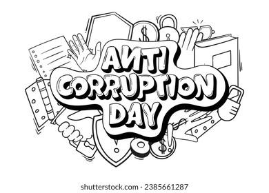 Typography of anti corruption day design with book, shield, hand, dollar icon in doodle art concept