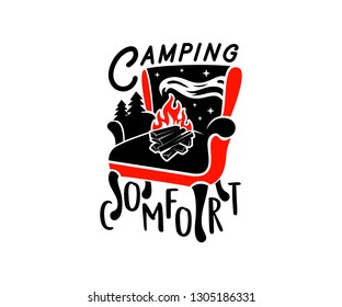 Typography, armchair, bonfire, forest and starry sky, logo design. Camping, comfort, rest, relaxation, repose and recreation, vector design and illustration