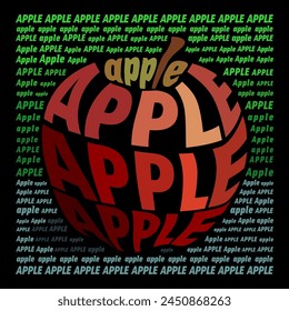Typography art of apple, letters forming an apple with a background of the words of apple.