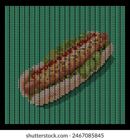 Typography art of hot dog image consisting of letters in various colors.