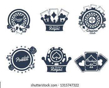 Typography, badge or emblem set of Casino Night with gambling element on white background. 