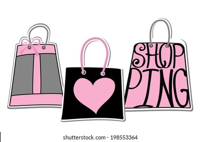 Typography bags Design.Silhouette of bags from words on white  background .The message "I love shopping" .Cute Fashion illustration in vector.