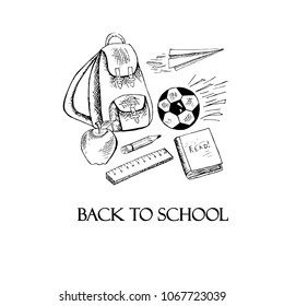 Typography banner Back to school. Monochrome sketch backpack, paper plane, apple, soccer ball, apple, ruler, pencil, book design element hand drawn for web, for print