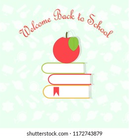 Typography banner Back to School, red apple on books on white light blue and white pattern background, stock vector illustration