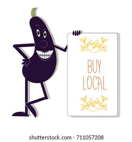 Typography banner Bay local with smiling eggplant on white stock vector illustration