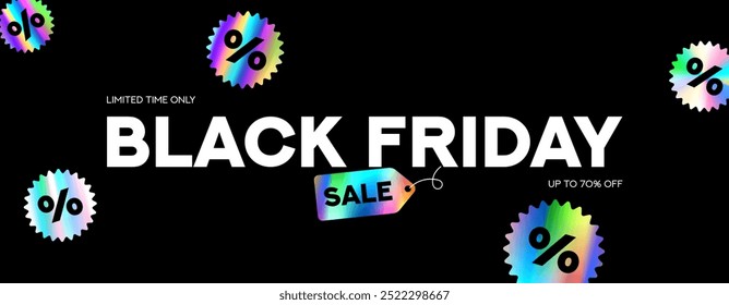 Banner de tipografia para Black Friday. Símbolo de texto minimalista de Black Friday com adesivos holográficos e oferta de desconto. Modelo de design para venda Black Friday, publicidade e mídias sociais.