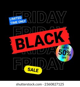 Typography banner for Black Friday. Modern linear text symbol of Black Friday with holographic sticker and discount offer. Design template for Black Friday sale, advertising and social media.