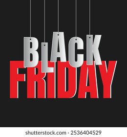 Typography banner for Black Friday. Modern minimal red and white text symbol of Black Friday. Design template for Black Friday. Design for banner, poster, board, flyers. Editable. Abstract hanging