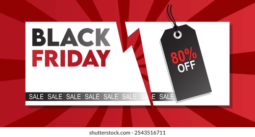Typography banner for Black Friday. Modern minimal red and white text symbol of Black Friday with discount offer. Design template for Black Friday sale, promotion, advertising and social media ad.