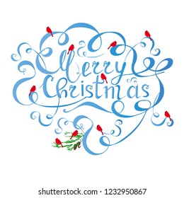 Typography banner blue lettering Merry Christmas, swirls, red bulfinch on white stock vector illustration for print, for congratulation card