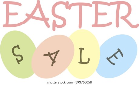Typography banner Easter sale. Pink and gray letters on a green, yellow, pink, blue Easter eggs. Object isolated, on white background, vector