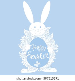 Typography banner Happy Eastern, blue egg and white Easter bunny on blue stock vector illustration