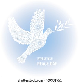 Typography banner International Peace Day, white dove of peace on blue, ornaments, hand drawn, vector