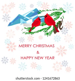 Typography banner Merry Christmas and Happy New Year, cardinal on fir tree, mountain on white, snowflake stock vector illustration for print, for congratulation card