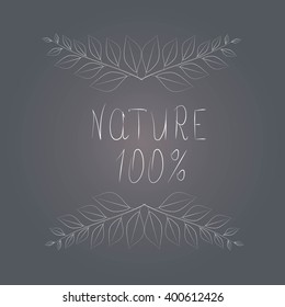 Typography banner Nature 100%. White letters and abstract branch of plant on dark blue background, hand drawing, vector