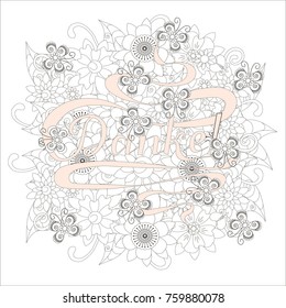 Typography banner pink Danke, means thanks in german language, swirls hand drawn lettering on grey outline flowers background stock vector illustration