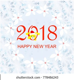 Typography banner red 2018, Happy New Year. Blue snowflakes frame, holly wreath, yellow funny cute dog watercolor effect on white stock vector illustration
