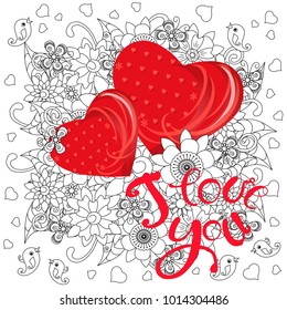 Typography banner red lettering I love you on flowers background stock vector illustration for you design