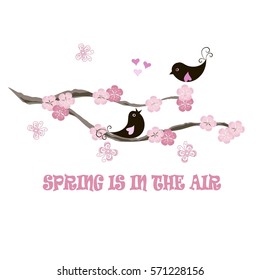 Typography banner Spring is in the air, black birds on blooming branch, pink flowers, butterfly, hearts on white, stock vector illustration