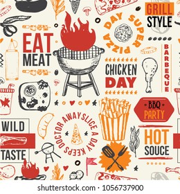 Typography barbecue seamless pattern. BBQ menu texture with grilled food.