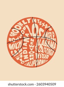 Typography Basketball with US City and State Names