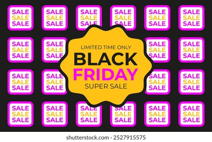 Typography Black Friday sale banner. Card, flyer, cover design template. Advertising campaign, promotion. Hot sales season. Retro brutalism geometric stickers, tags, badges, labels. Vector.