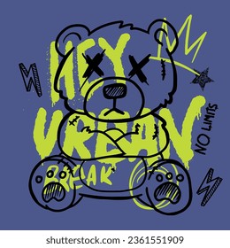  typography boys print with slogan and teddy bear