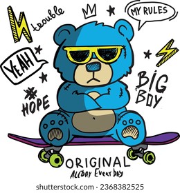  typography boys print with  teddy bear and skateboard for graphic tees