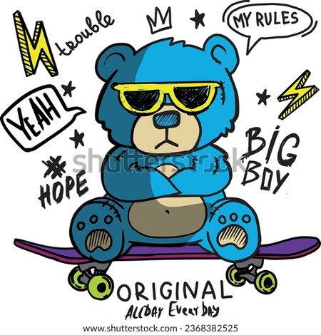  typography boys print with  teddy bear and skateboard for graphic tees