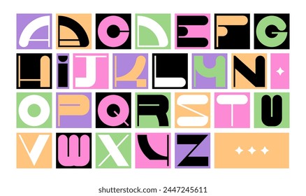 Typography brutalist fonts and abc letters for modern or retro graphics and design. Vector alphabetic typeface, aesthetic letters with stars and twinkle. Trendy typographic typeset for placards