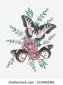 Typography butterfly and flowers vector art