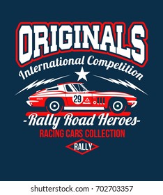 Typography Car design classic rally race retro t-shirts cool design vector print illustration. Speedway Kings. The car is no have a real prototype of coloring & number