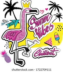 typography cartoon print  flamingo with a cocktail and slogan. Summer print   Creative girlish original design 