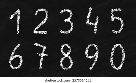 Typography chalk font with numbers. White doodle symbols drawn with white crayon pencil on black paper. Chalk sketch digits from 0 to 9 on school blackboard, vector illustration