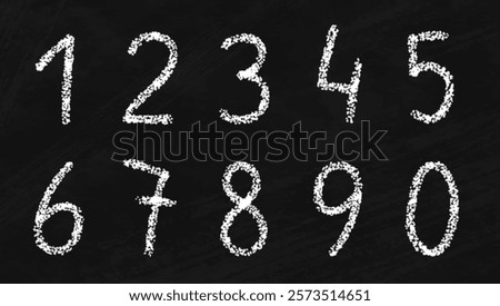 Typography chalk font with numbers. White doodle symbols drawn with white crayon pencil on black paper. Chalk sketch digits from 0 to 9 on school blackboard, vector illustration