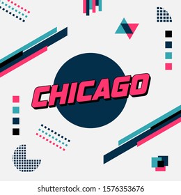 Typography of Chicago in pink on top of teal circle with random element