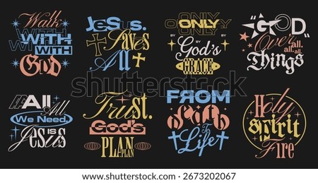 Typography Christian t-shirt designs bundle, Faith quotes with minimal urban lettering set, Brutalist streetwear Christianity, Religious vector graphic for print, Bible verse with modern typographic