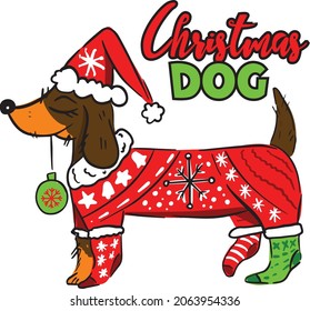 Typography Christmas dachshunds print. Bright dog in new year style. For textiles, baby clothes and prints
